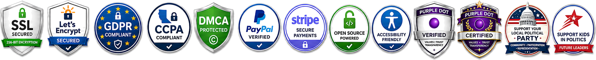 Security, compliance, accessibility, payment, Purple Dot Verified, and Purple Dot Certified trust badges